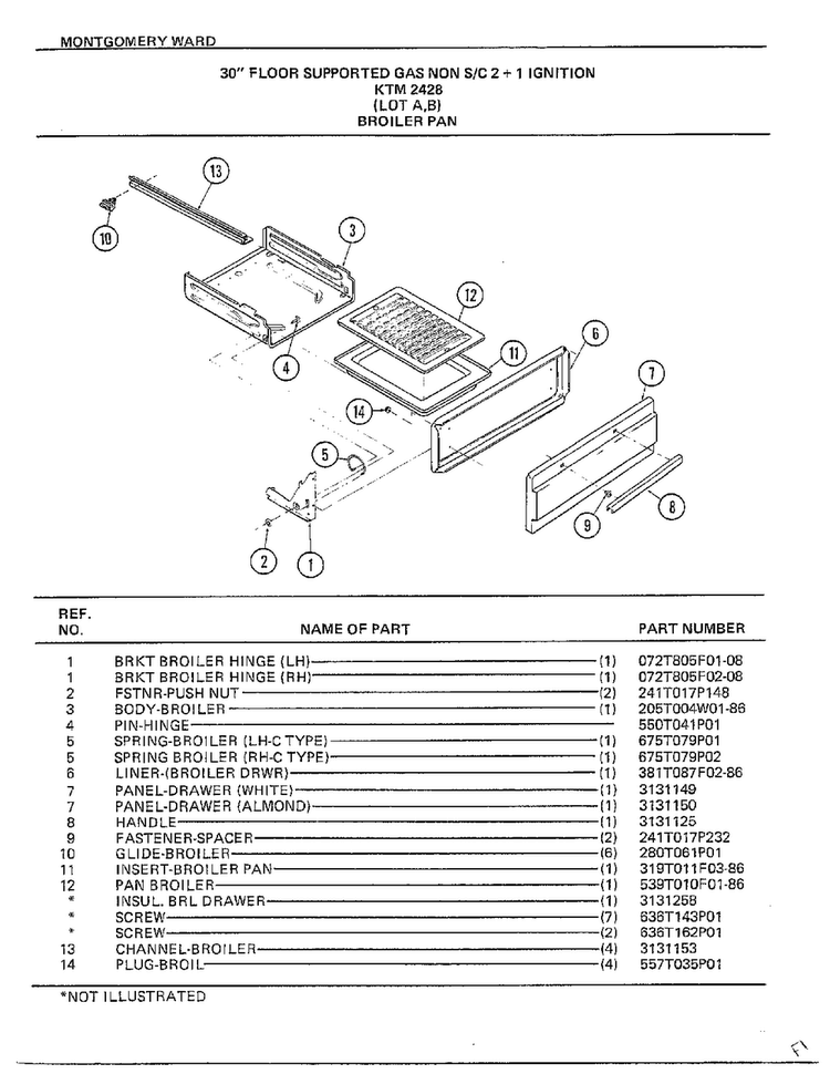 Broiler Pan Diagram and Parts List for 2428B  Frigidaire Range