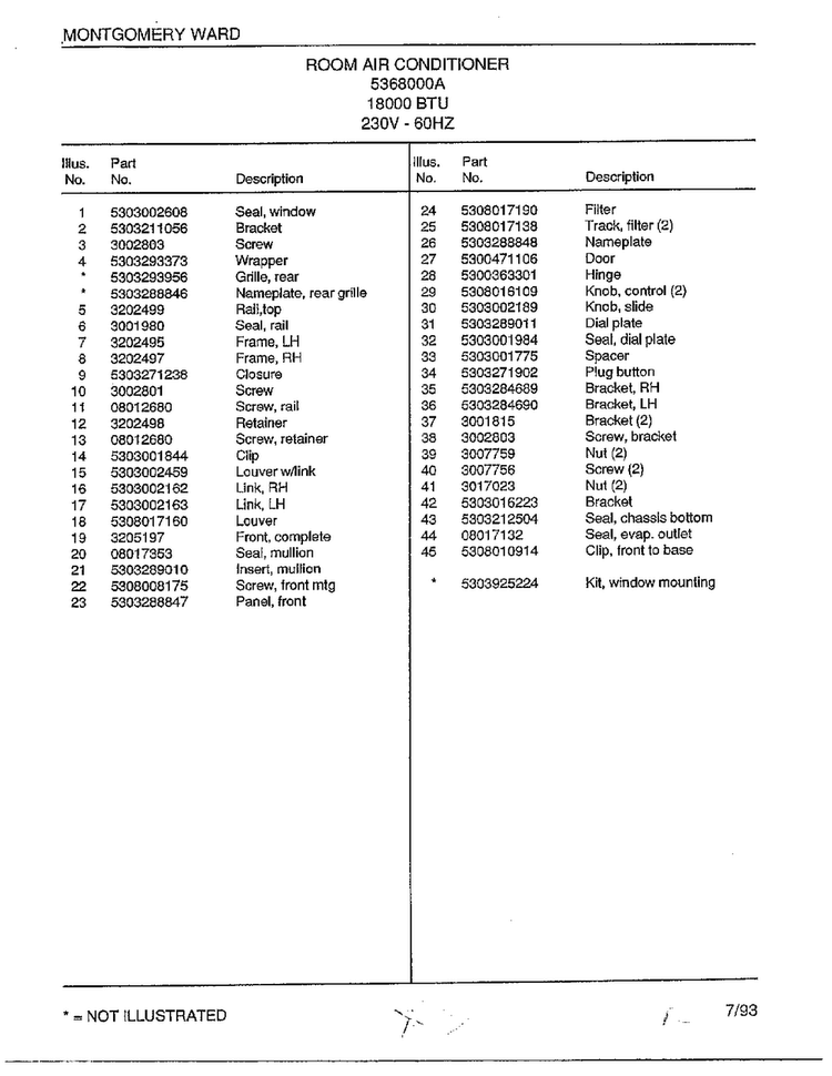 Room Air Conditioner Page 2 Diagram and Parts List for 5368000A  Frigidaire Air Conditioner
