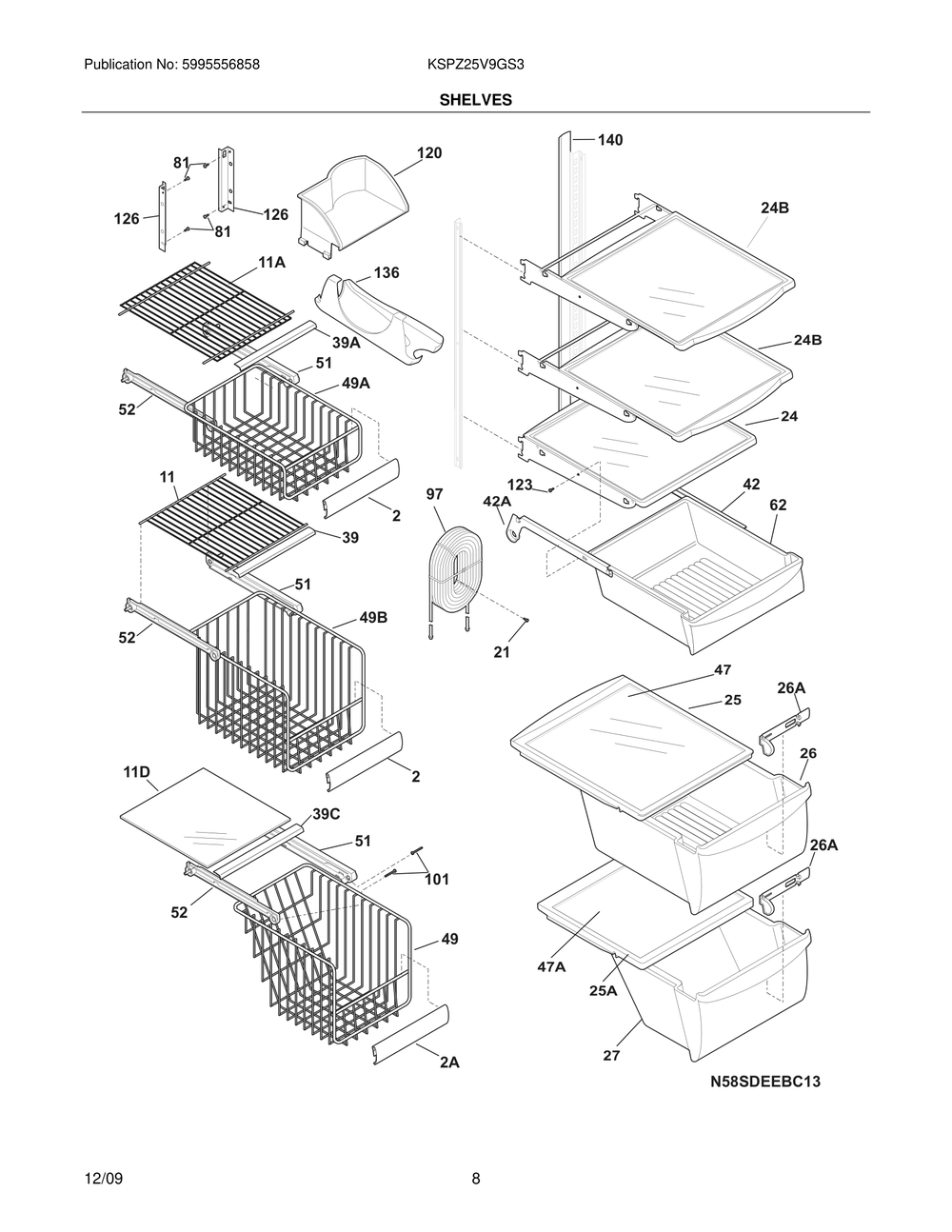 Shelves Diagram and Parts List for KSPZ25V9GS3  Frigidaire Refrigerator