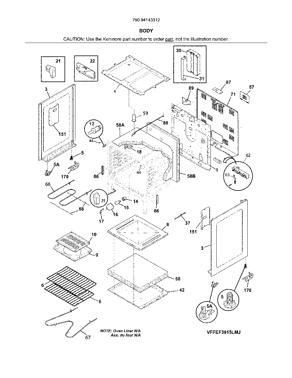 Body Diagram and Parts List for 79094143312  Kenmore Range