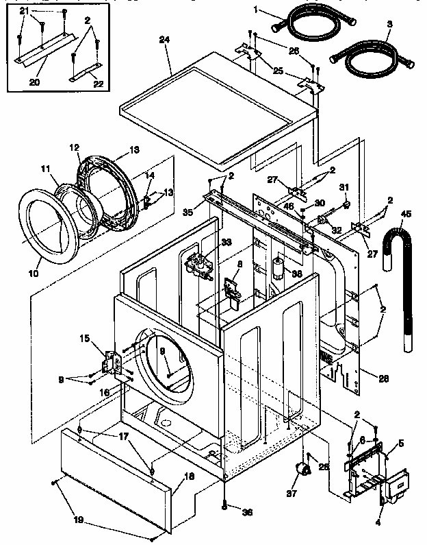 Cabinet, Door And Top Diagram and Parts List for FWT445GE  Frigidaire Washer