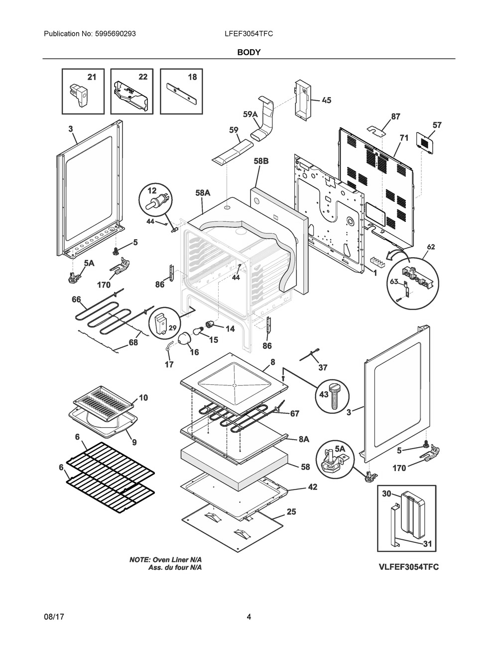 Body Diagram and Parts List for LFEF3054TFC  Frigidaire Range