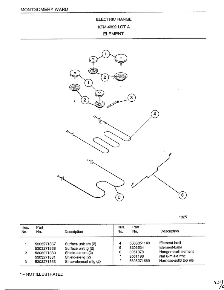 Element Diagram and Parts List for 4822A  Frigidaire Range