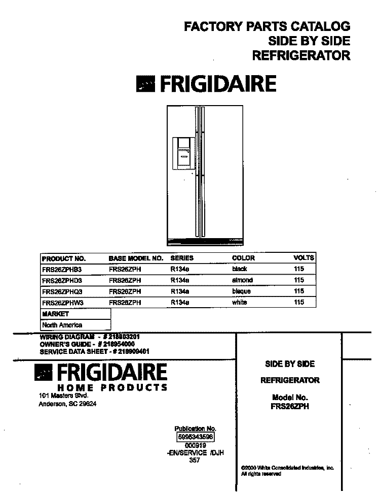 COVER Diagram and Parts List for FRS26ZPHD3  Frigidaire Refrigerator