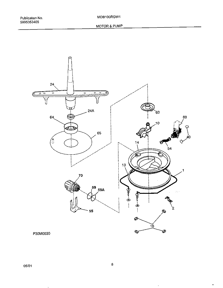 MOTOR & PUMP Diagram and Parts List for MDB100RGW1  Uni Dishwasher