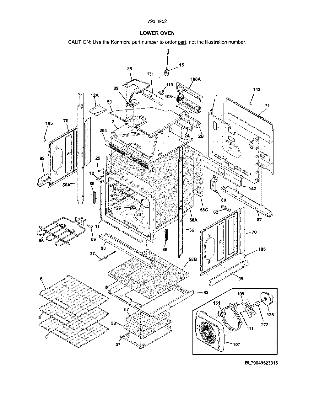 Lower oven Diagram and Parts List for 79049529315  Kenmore Wall Oven