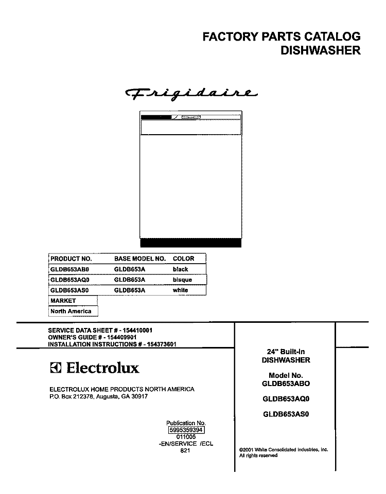 COVER Diagram and Parts List for GLDB653AS0  Frigidaire Dishwasher