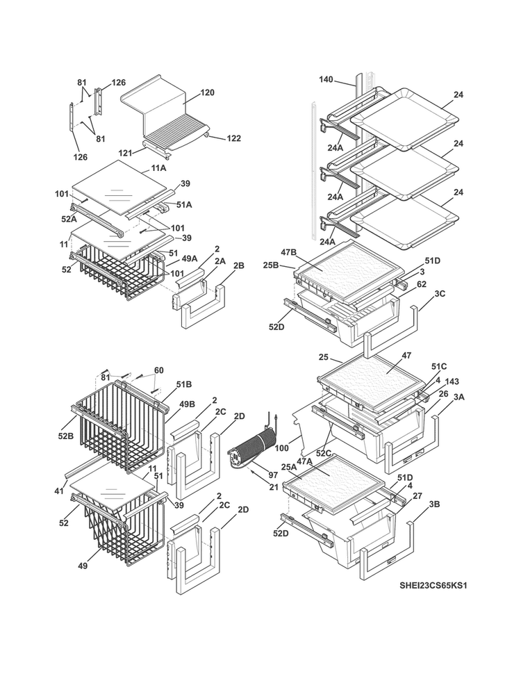 Shelves Diagram and Parts List for EI23CS65KS3A  Electrolux Refrigerator
