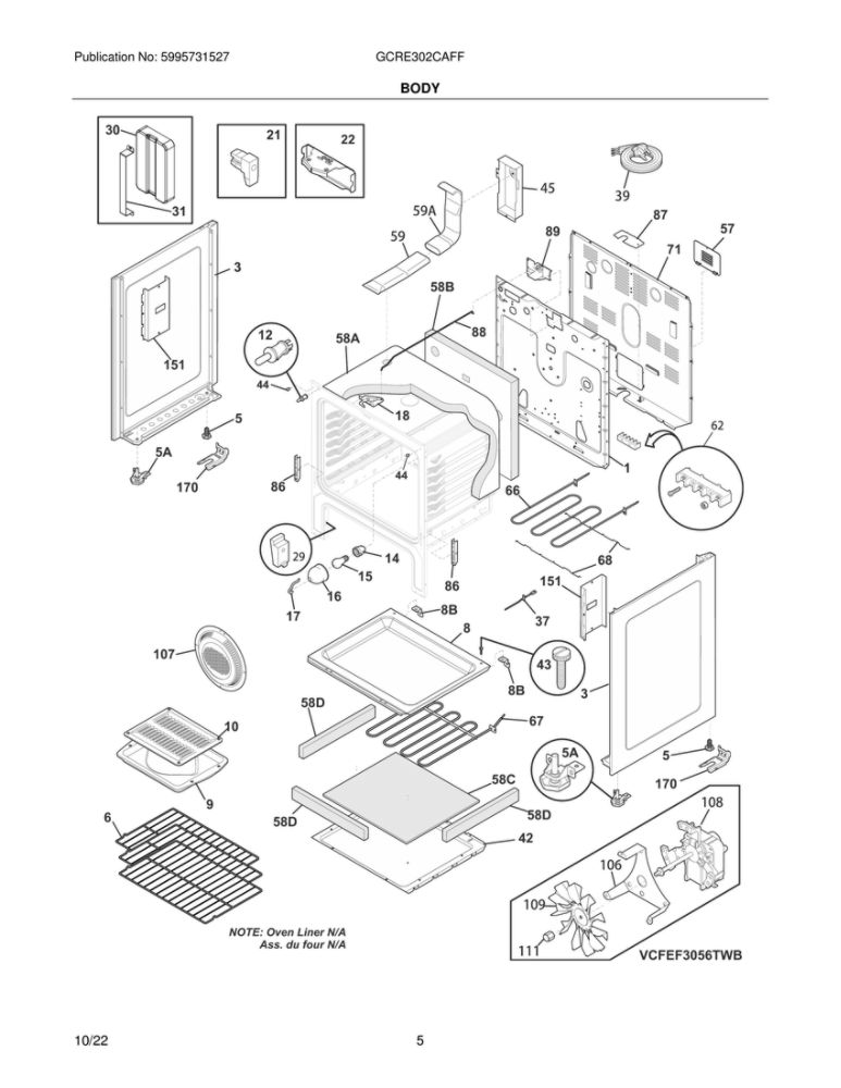 Body Diagram and Parts List for GCRE302CAFF  Frigidaire Range