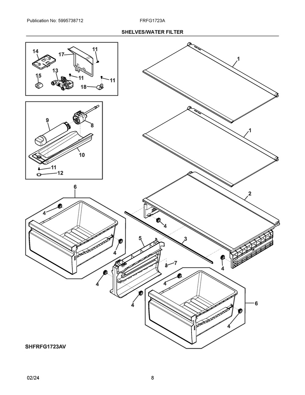 Shelves/Water Filter Diagram and Parts List for FRFG1723AV00  Frigidaire Refrigerator