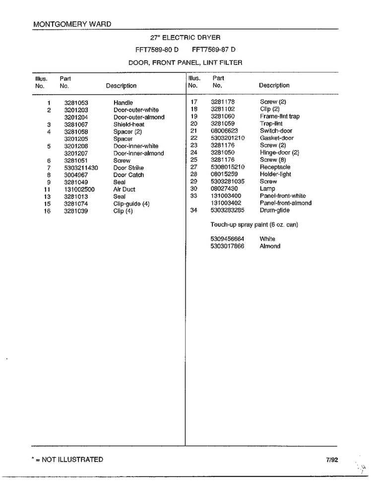 Door/front Panel/lint Filter Page 2 Diagram and Parts List for 7589-87D  Frigidaire Dryer