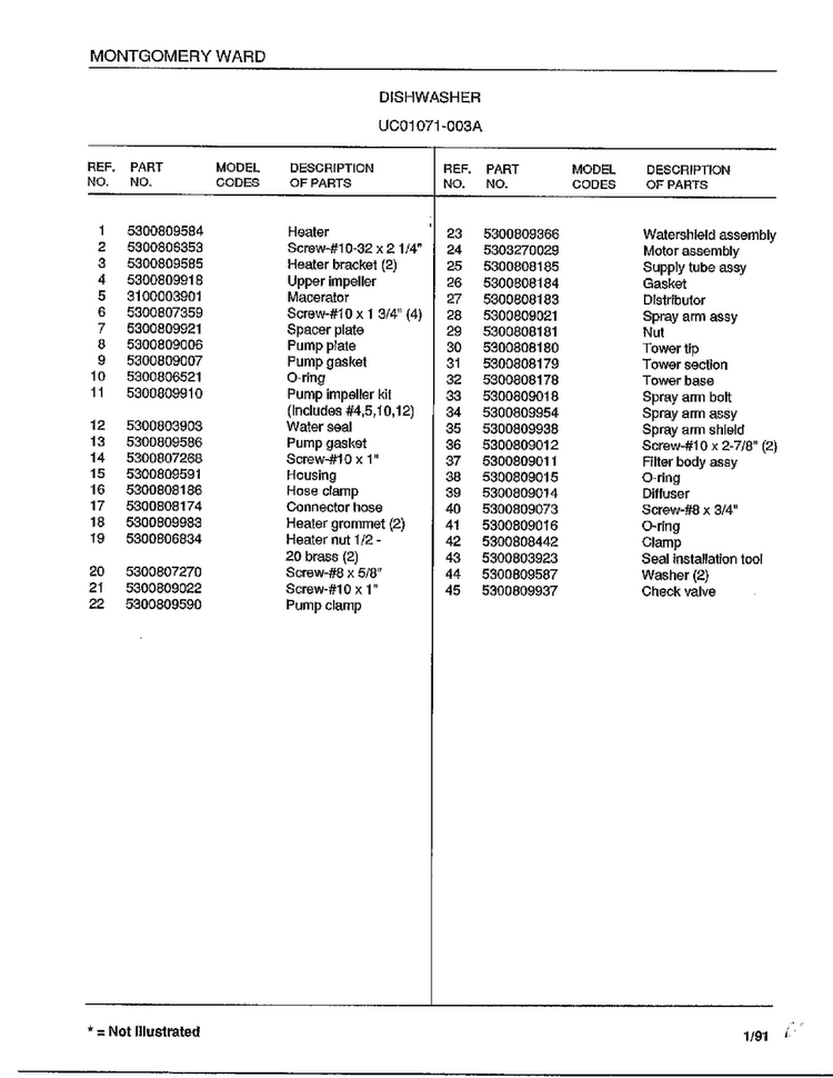 Dishwasher Page 8 Diagram and Parts List for 1071-003A  Frigidaire Dishwasher