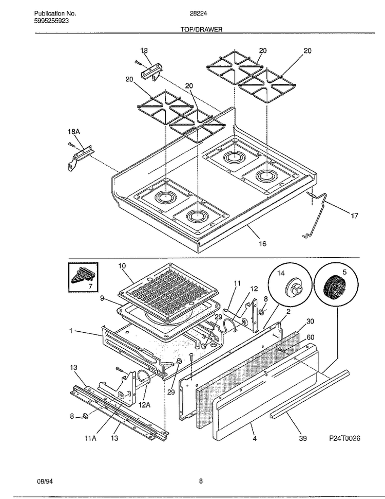 Top/drawer Diagram and Parts List for 282240A  Frigidaire Range