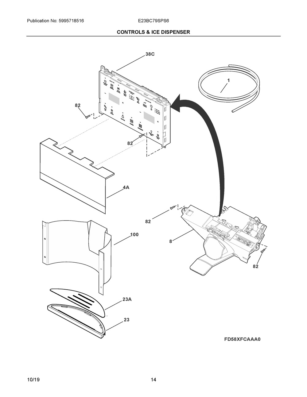 Controls & Ice Dispenser Diagram and Parts List for E23BC79SPS6  Frigidaire Refrigerator