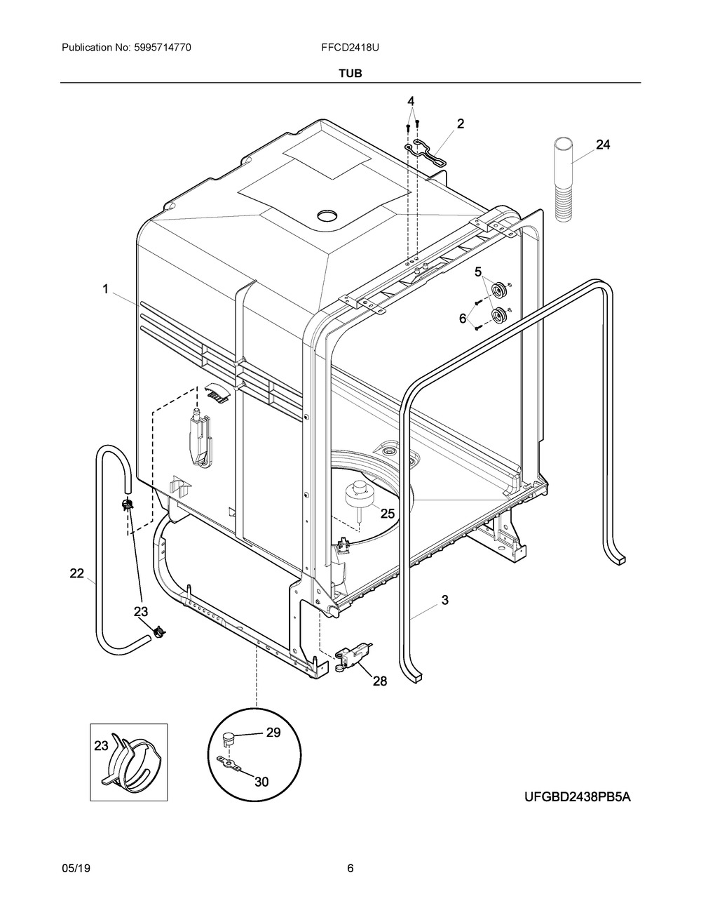 Tub Diagram and Parts List for FFCD2418UB1A  Frigidaire Dishwasher