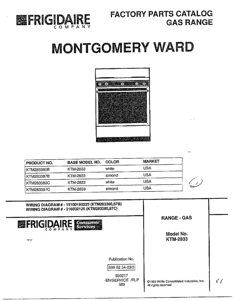 Front Page Diagram and Parts List for 2833-80B  Frigidaire Range