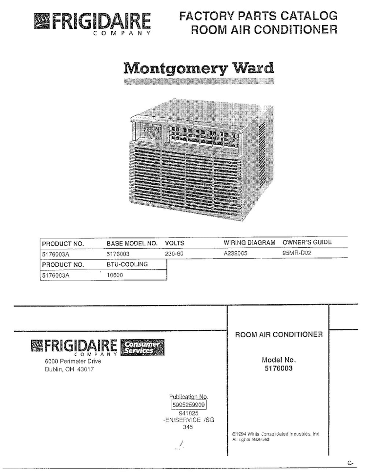 Air Conditioner/front Cover Diagram and Parts List for 5176003A  Frigidaire Air Conditioner