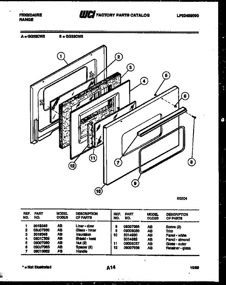DOOR PARTS Diagram and Parts List for GG32CL2  Frigidaire Range
