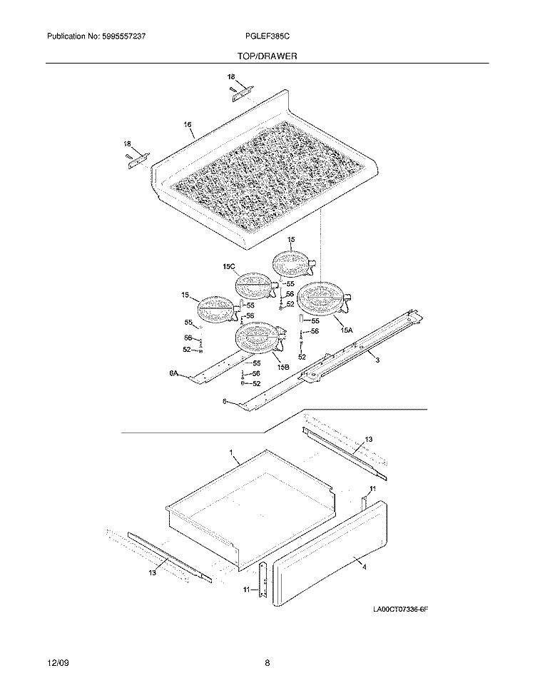 TOP/DRAWER Diagram and Parts List for PGLEF385CB3  Frigidaire Range
