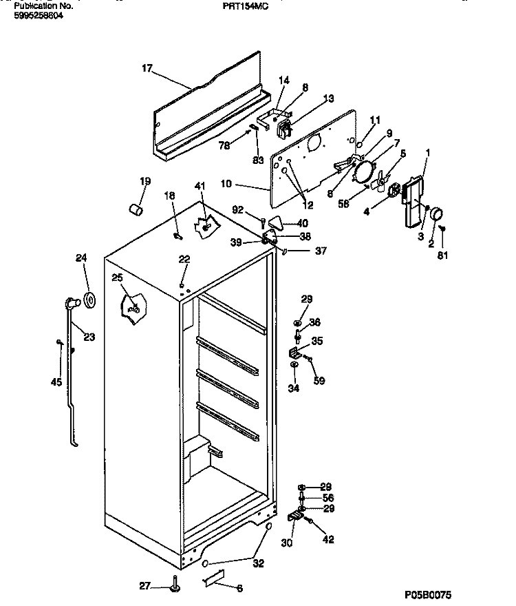 CABINET W / FAN ASSEMBLY Diagram and Parts List for PRT154MCD4  Frigidaire Refrigerator