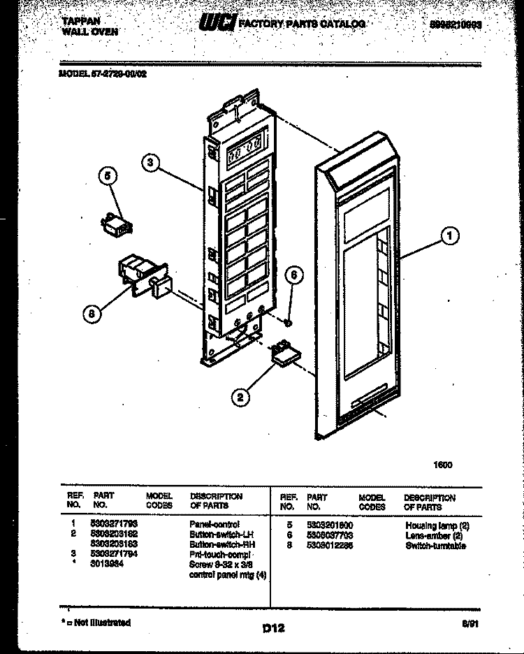 CONTROL PANEL Diagram and Parts List for 57-2729-00-02  Tappan Microwave Oven Combo
