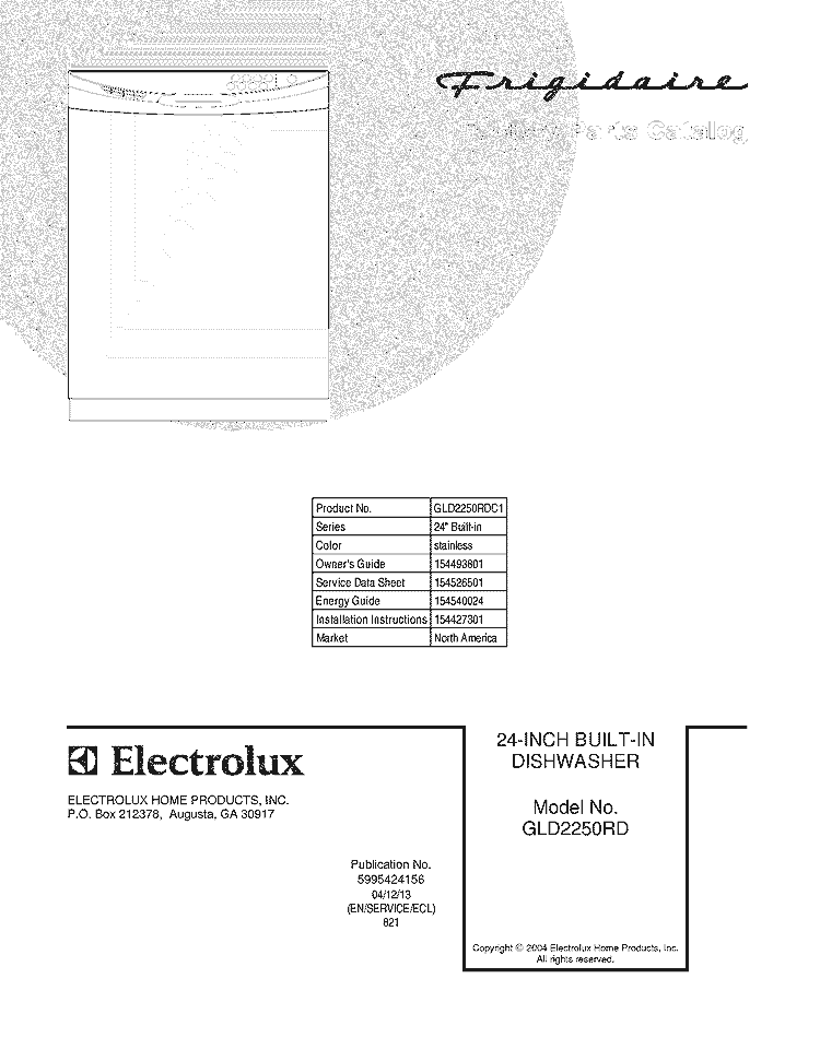 COVER Diagram and Parts List for GLD2250RDC1  Frigidaire Dishwasher