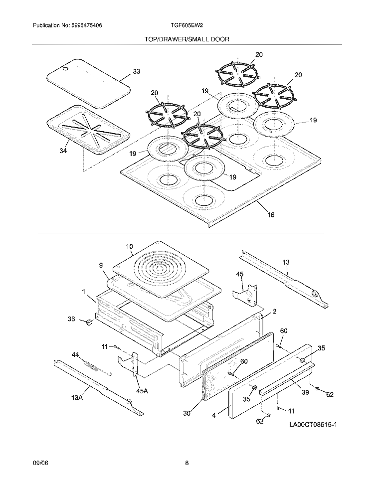 TOP / DRAWER / SMALL DOOR Diagram and Parts List for TGF605EW2  Tappan Wall Oven