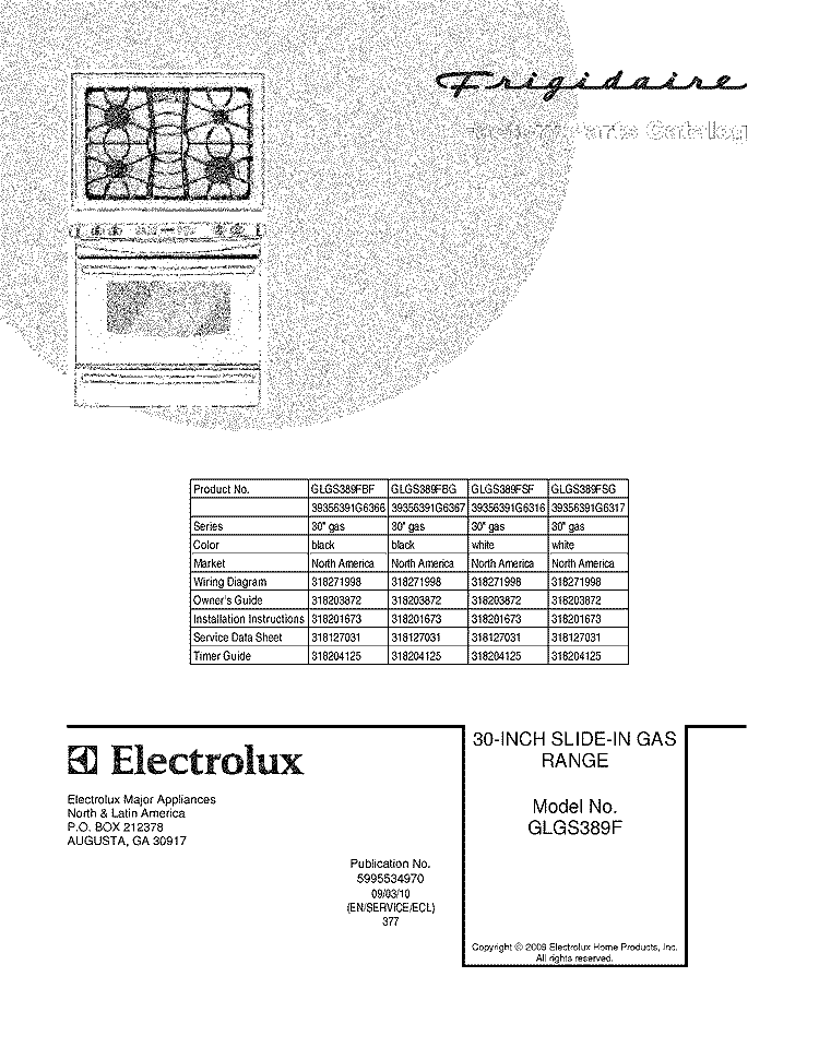 COVER Diagram and Parts List for GLGS389FSF  Frigidaire Range