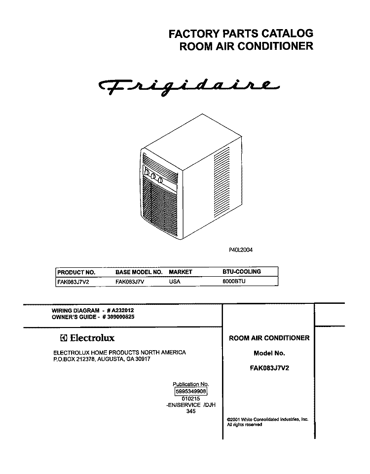 COVER Diagram and Parts List for FAK083J7V2  Frigidaire Air Conditioner
