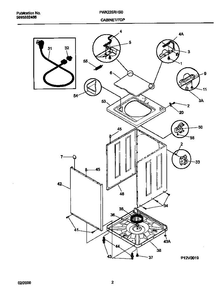 P12V0019 WSHR CAB, TOP Diagram and Parts List for FWX225RHS0  Frigidaire Washer