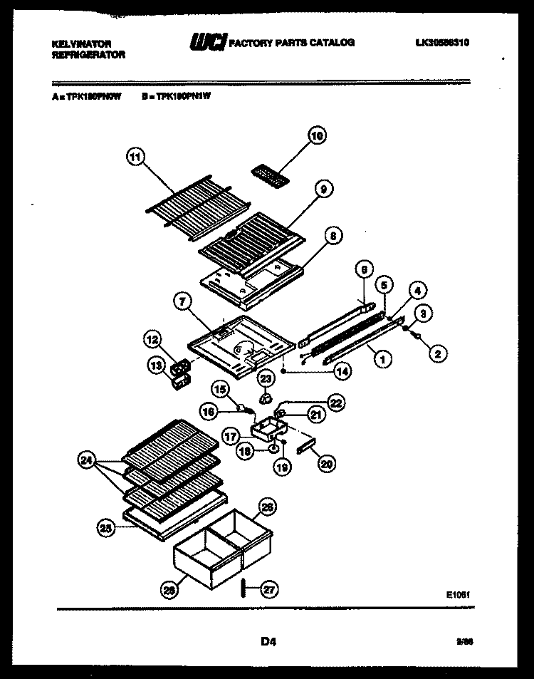 SHELVES AND SUPPORTS Diagram and Parts List for TPK180PN0T  Kelvinator Refrigerator