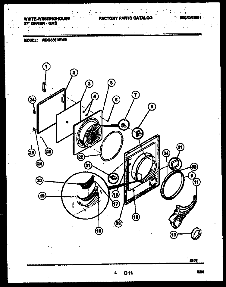 DOOR PARTS Diagram and Parts List for WDG336RBW0  Frigidaire Dryer