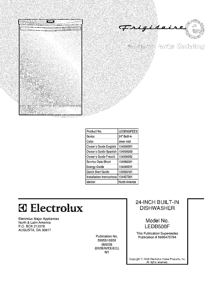 COVER Diagram and Parts List for LEDB500FEE0  Frigidaire Dishwasher