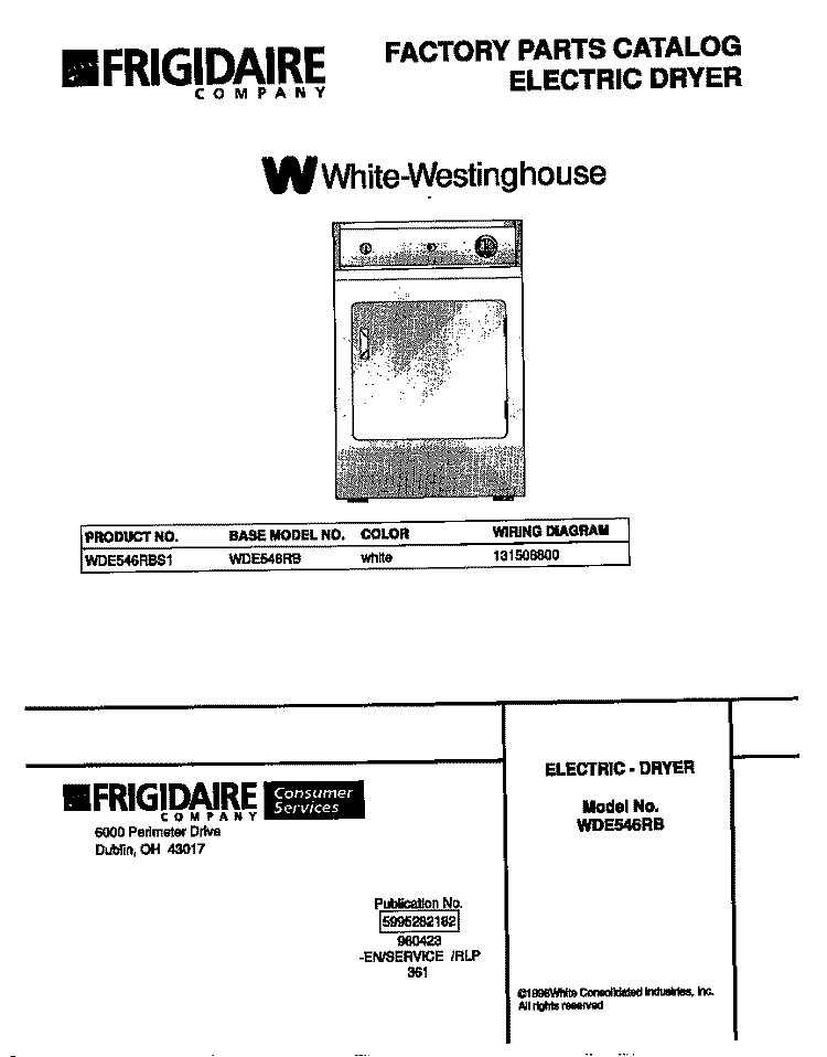 COVER Diagram and Parts List for WDE546RBS1  Frigidaire Dryer