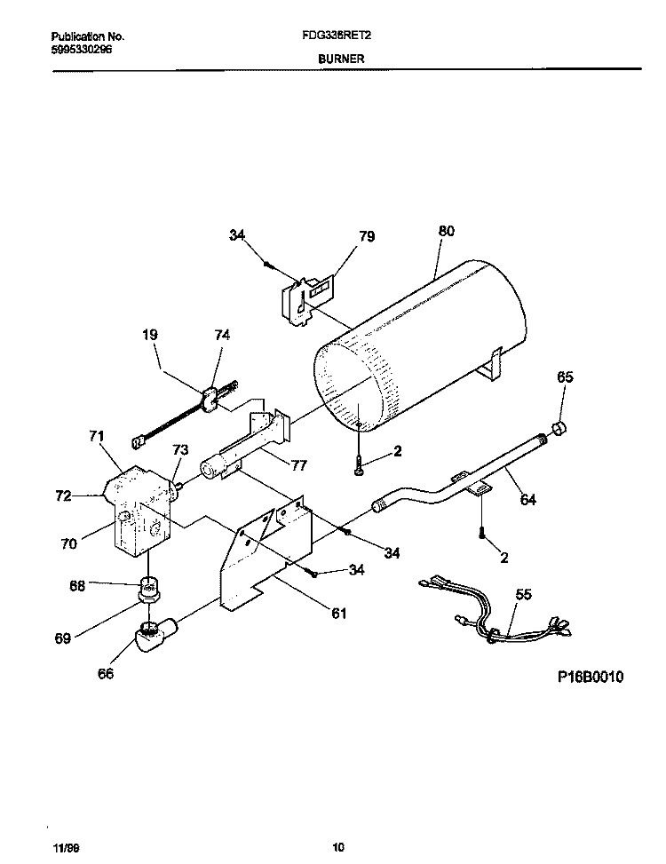 P16B0010 BURNER, VALVE Diagram and Parts List for FDG336RET2  Frigidaire Dryer