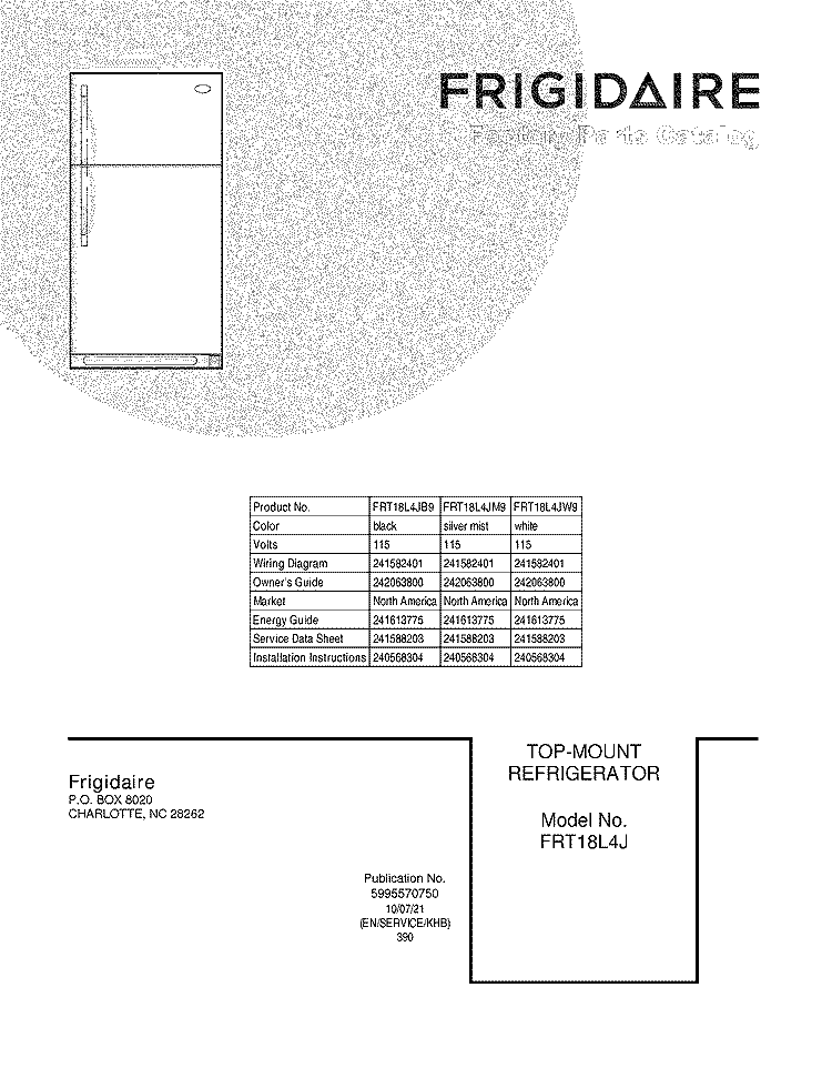 COVER Diagram and Parts List for FRT18L4JM9  Frigidaire Refrigerator