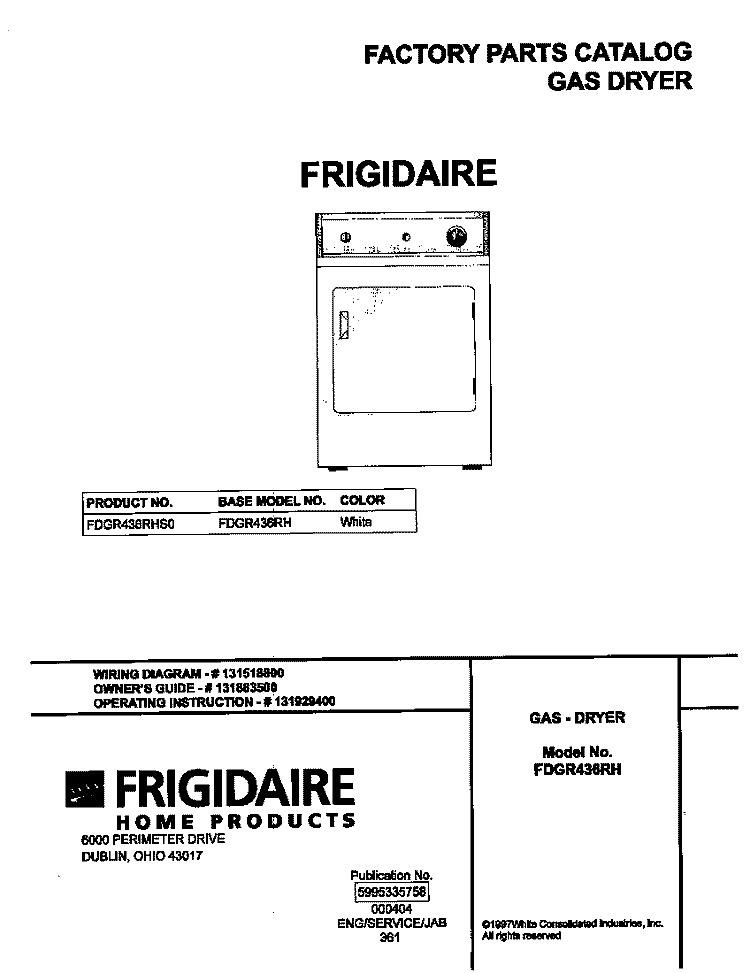 COVER Diagram and Parts List for FDGR436RHS0  Frigidaire Dryer