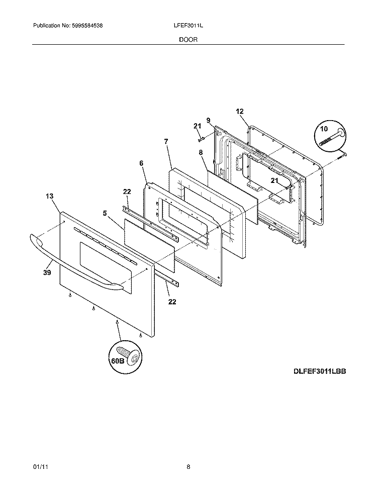 DOOR Diagram and Parts List for LFEF3011LBD  Frigidaire Range