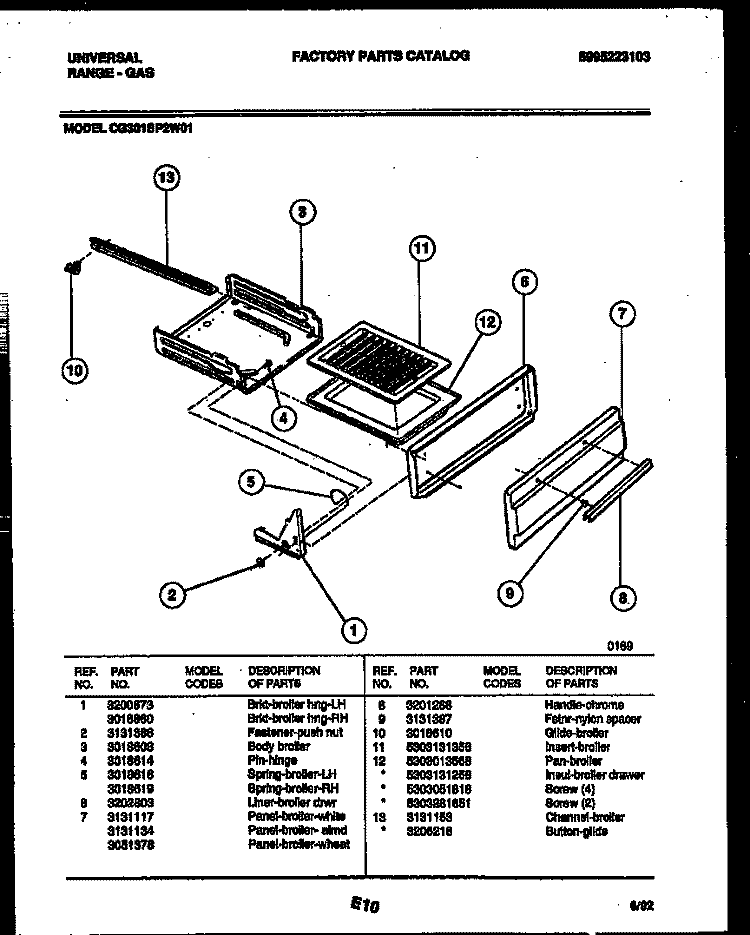 BROILER DRAWER PARTS Diagram and Parts List for CG301SP2W1  Frigidaire Range