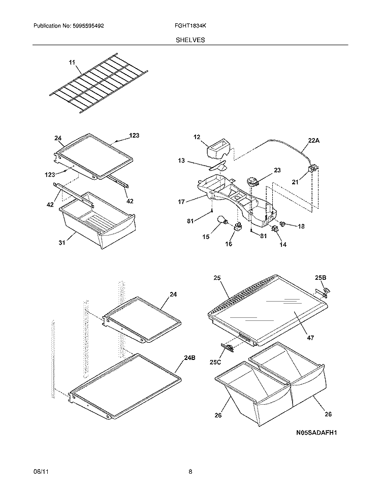 SHELVES Diagram and Parts List for FGHT1834KB6  Frigidaire Refrigerator