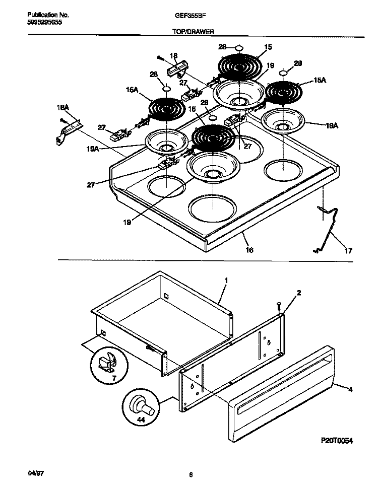 TOP / DRAWER Diagram and Parts List for GEF355BFWA  Gibson Range