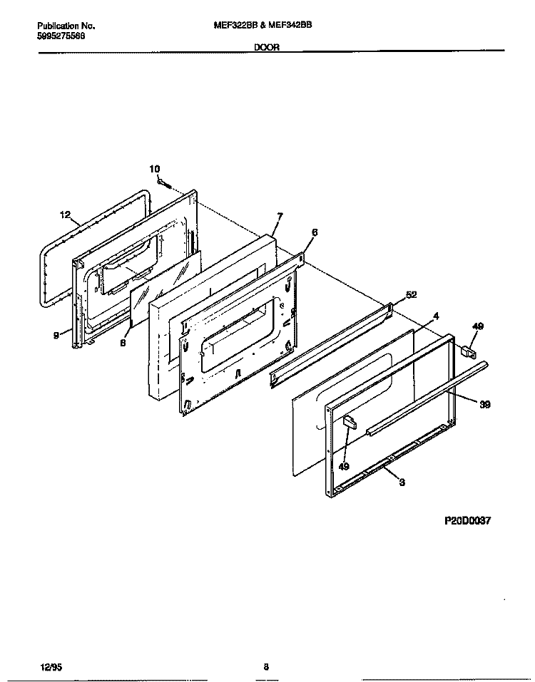 DOOR Diagram and Parts List for MEF322BBDE  Frigidaire Range