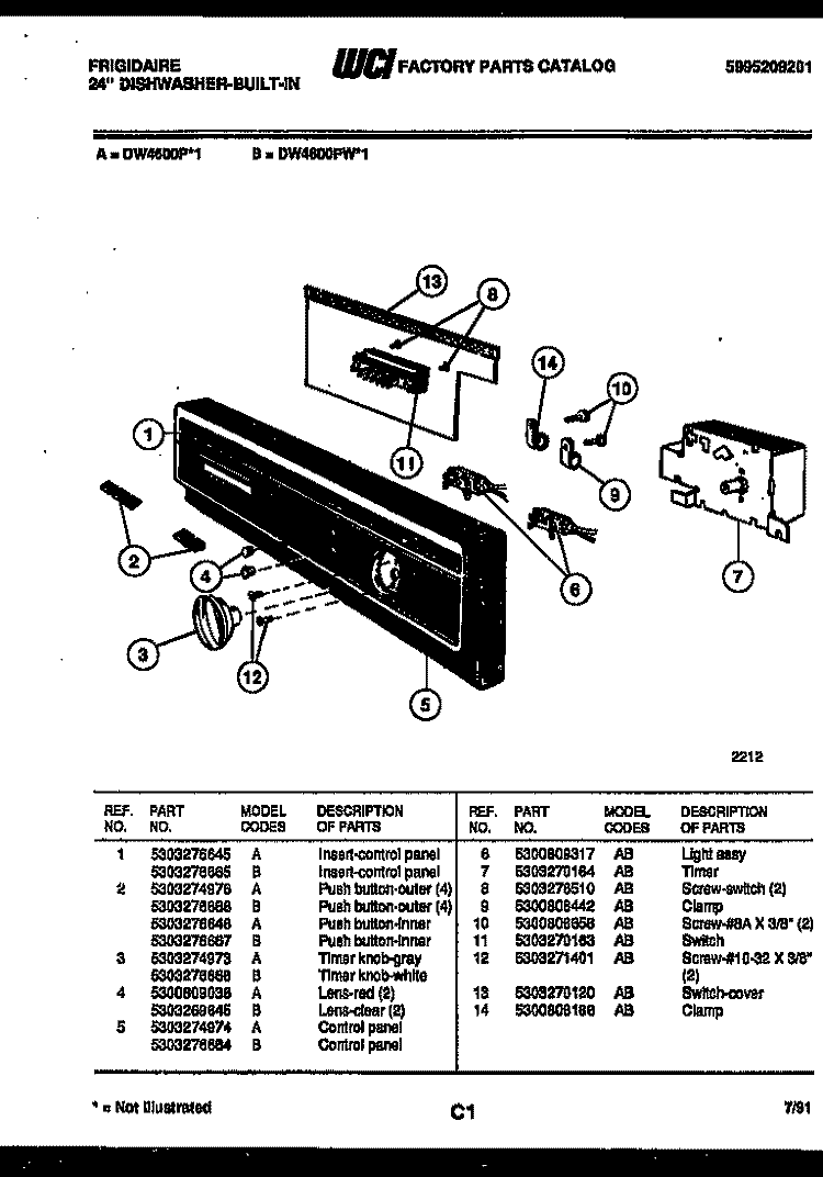 CONSOLE AND CONTROL PARTS Diagram and Parts List for DW4600PW1  Frigidaire Dishwasher