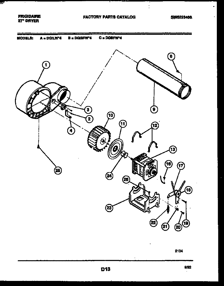 BLOWER AND DRIVE PARTS Diagram and Parts List for DGILL4  Frigidaire Dryer