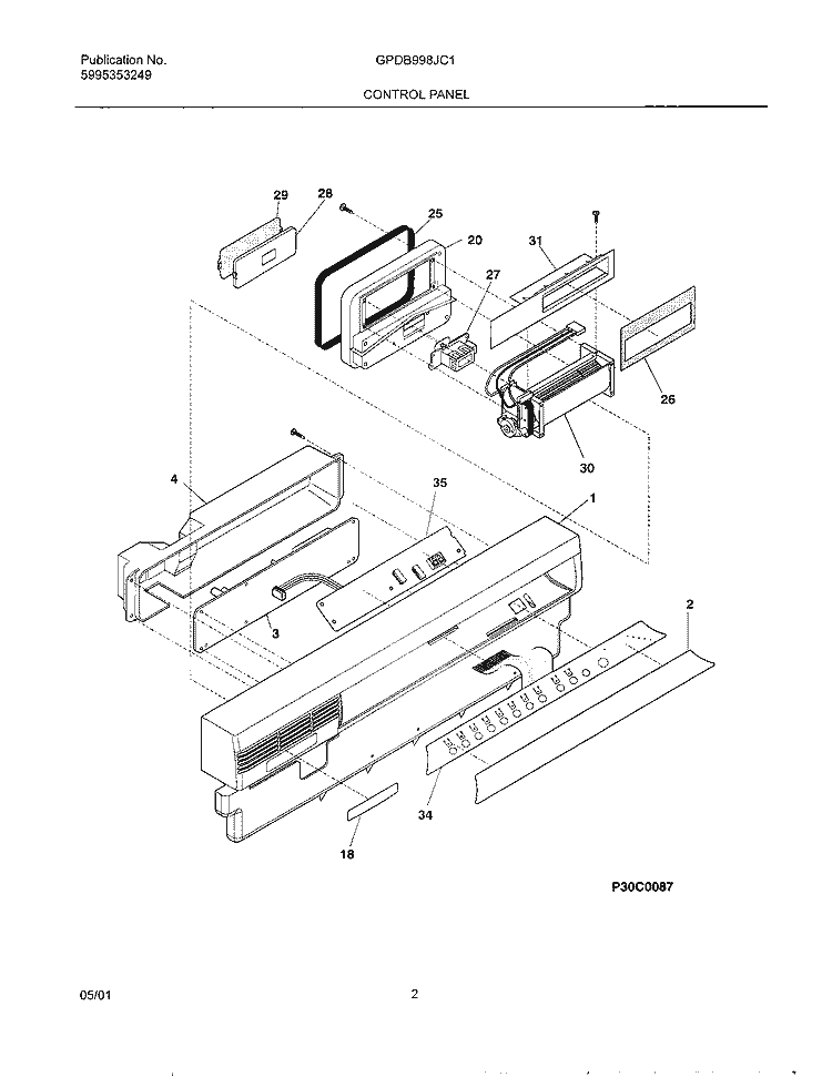 CONTROL PANEL Diagram and Parts List for GPDB998JC1  Frigidaire Dishwasher