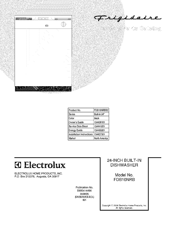 COVER Diagram and Parts List for FDB10NRBB2  Frigidaire Dishwasher
