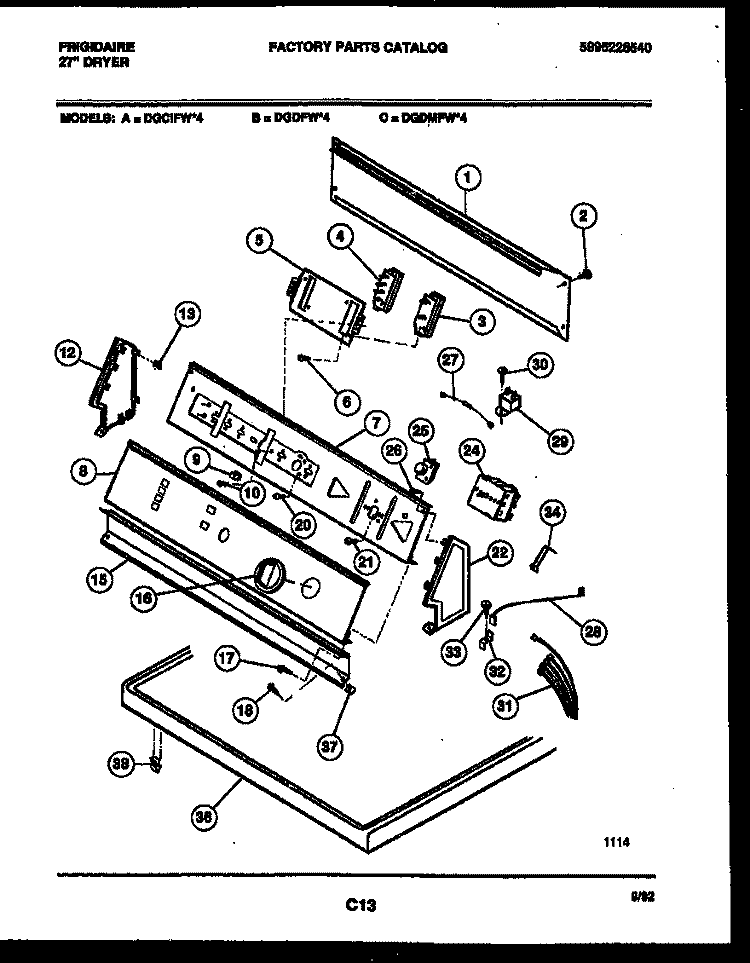 CONSOLE AND CONTROL PARTS Diagram and Parts List for DGDFL4  Frigidaire Dryer