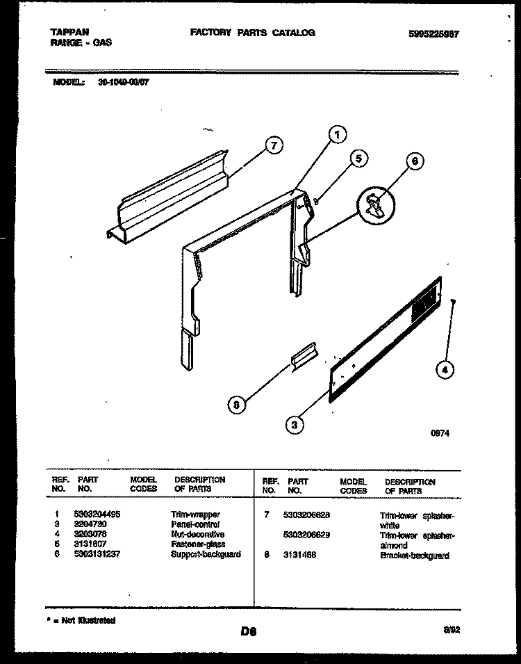 BACKGUARD Diagram and Parts List for 30-1049-23-07  Tappan Range