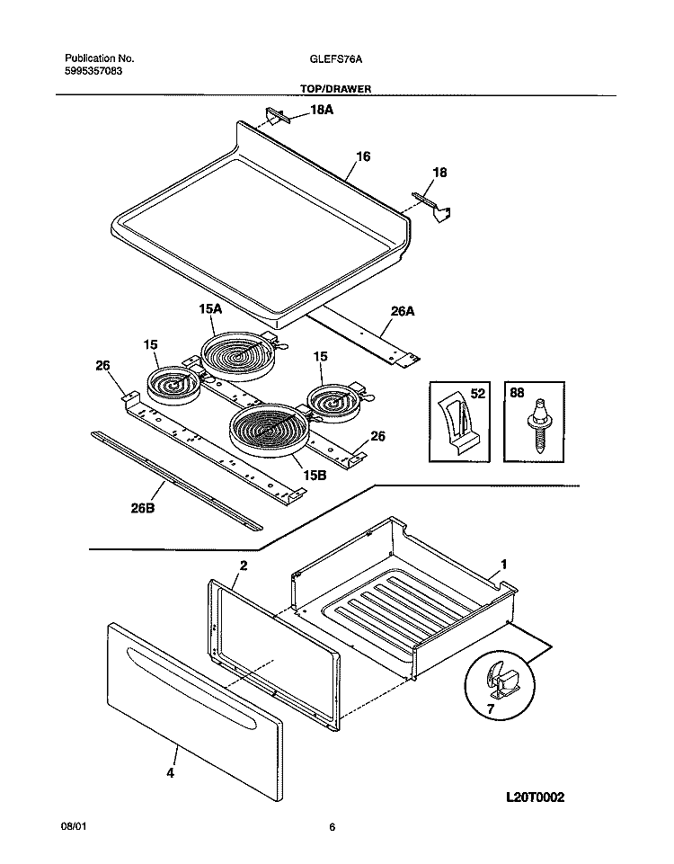 TOP / DRAWER Diagram and Parts List for GLEFS76AQA  Frigidaire Range