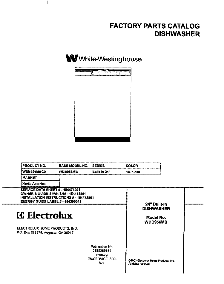 COVER Diagram and Parts List for WDB956MBC0  Westinghouse Dishwasher